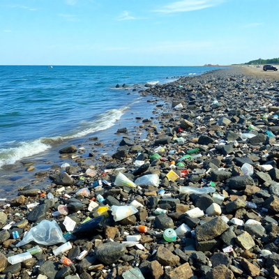 Littered shoreline.